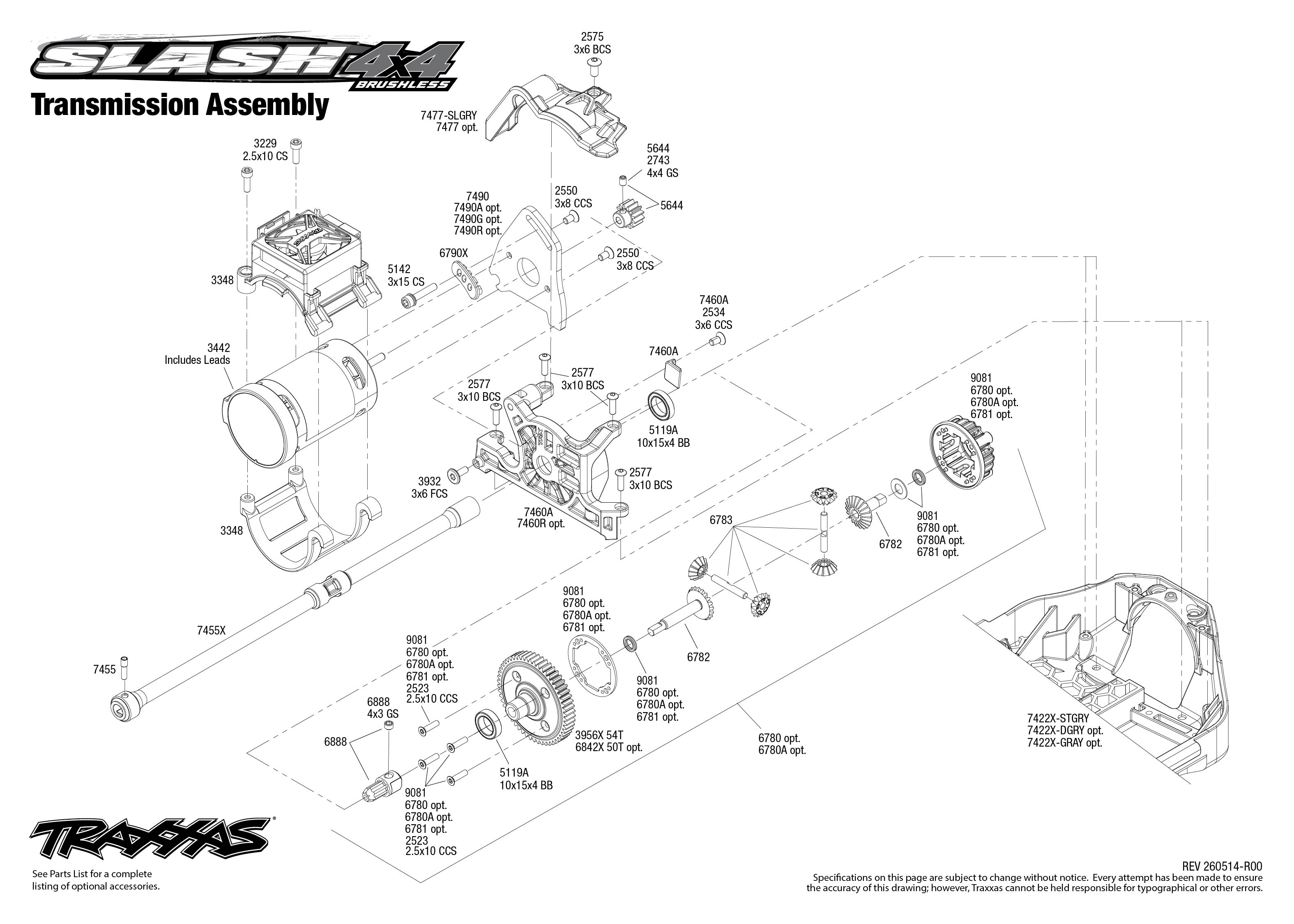 Traxxas Slash® 4X4 Brushless VX3 (68454-4) Transmission Assembly Exploded View