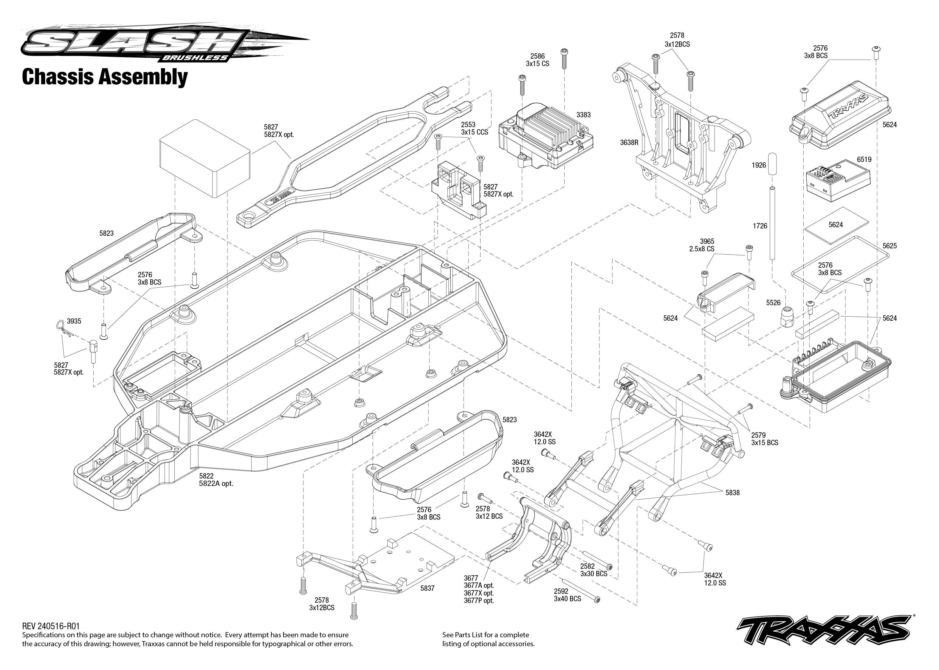 Traxxas Slash Brushless EHD (58334-4) Chassis Assembly Exploded View