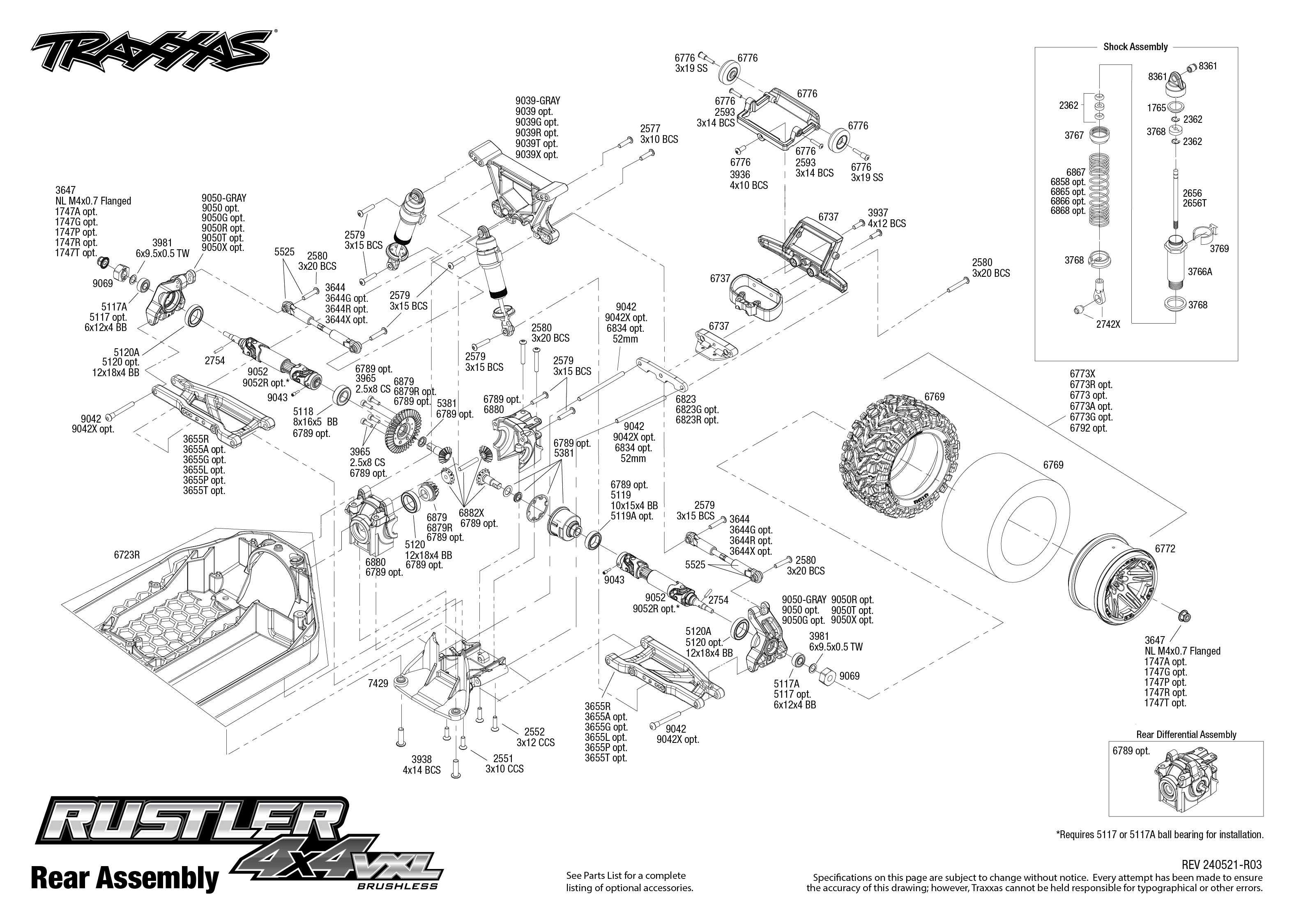 Traxxas Rustler 4X4 VXL (67376-4) Rear Assembly Exploded View