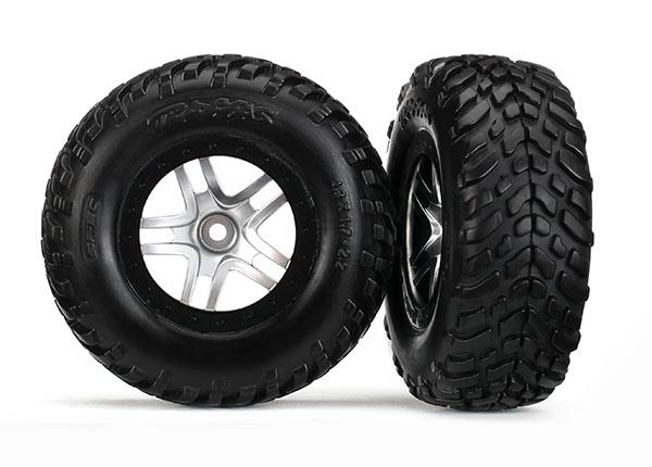 Traxxas Tires & wheels, assembled, glued (SCT Split-Spoke satin chrome, black beadlock style wheels, SCT off-road racing tires, foam inserts) (2) (4WD f/r, 2WD rear) (TSM® rated)
