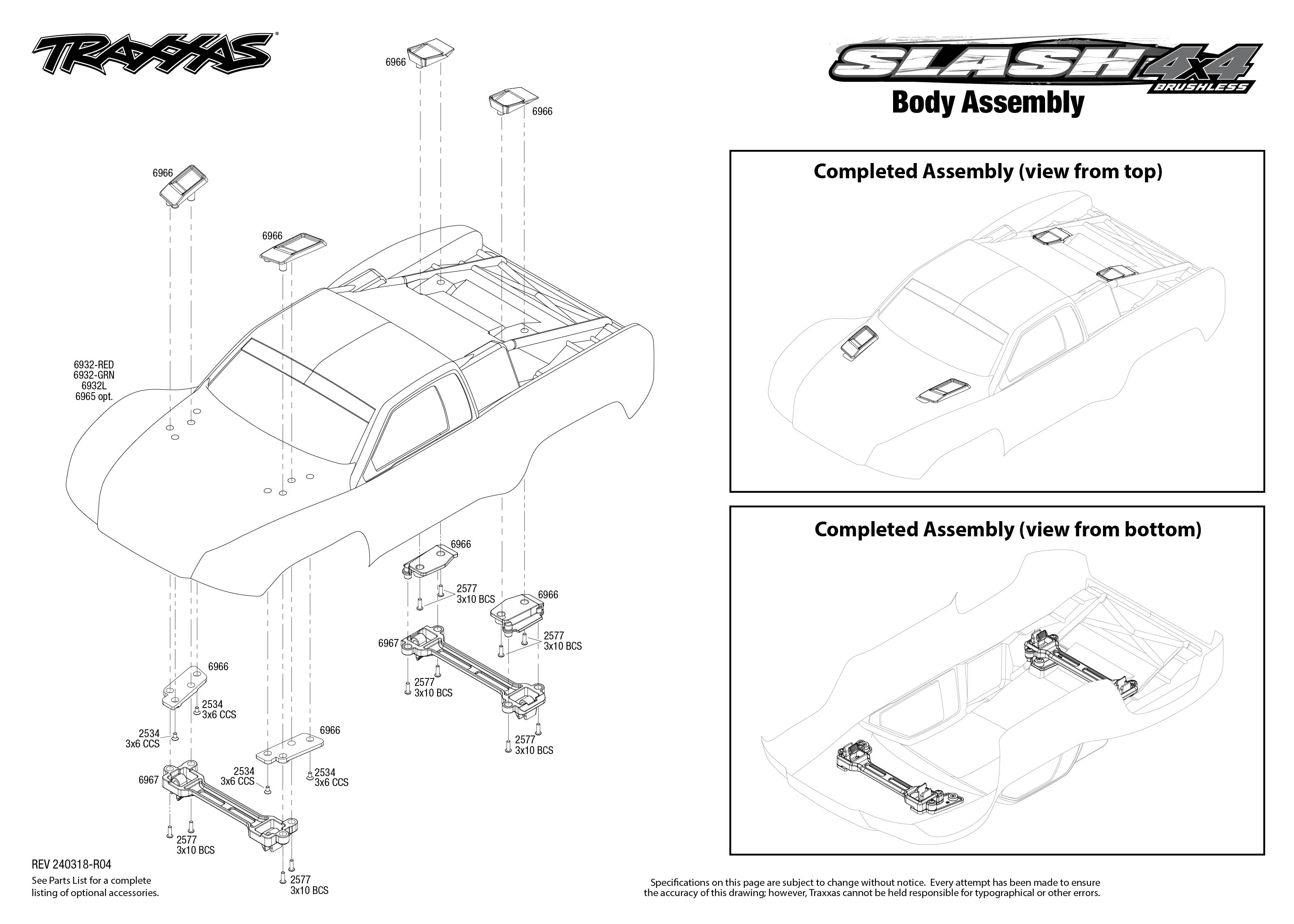 Traxxas Slash 4X4 Brushless (68154-4) Body Assembly Exploded View