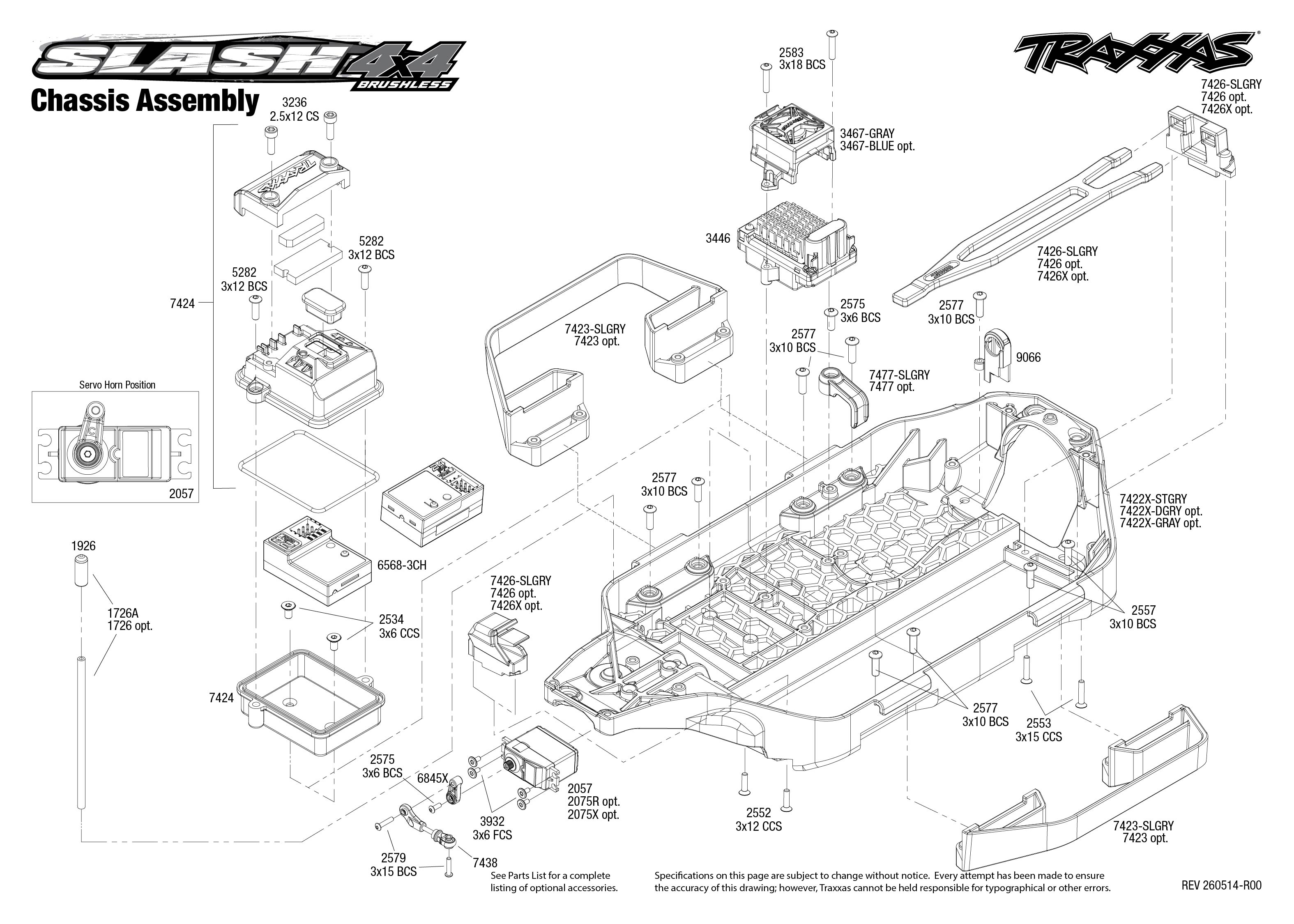 Traxxas Slash® 4X4 Brushless VX3 (68454-4) Chassis Assembly Exploded View