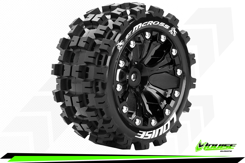Louise RC ST-Mcross 1/10 Stadium Truck Tire Set Mounted Sport Black 2.8'' Wheels 0'' Offset Hex 12mm (2)